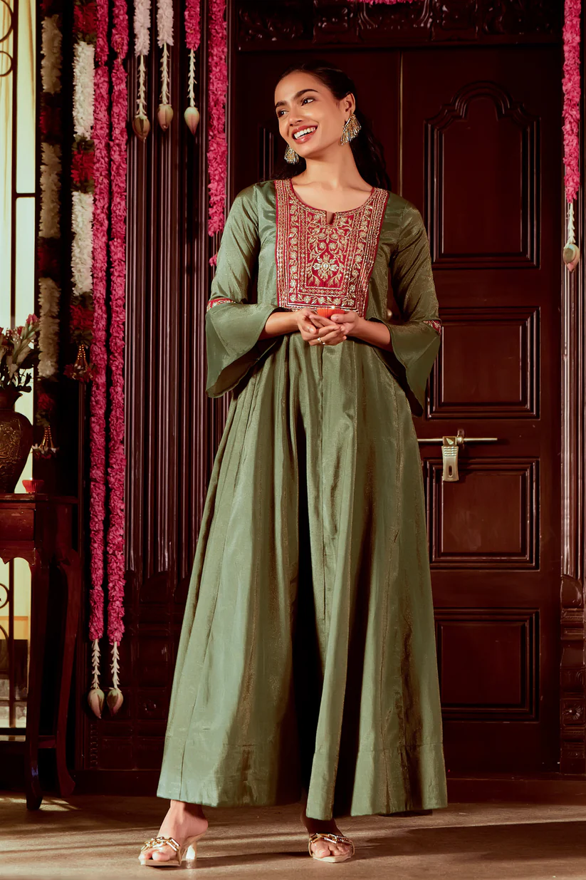 Olive Green Embroidered Sequin Embellished Yoke with Bell Sleeves